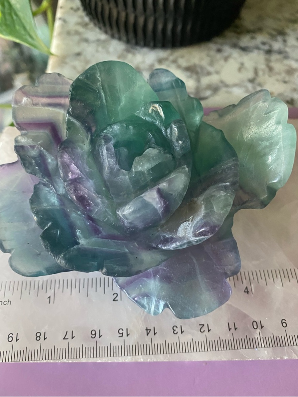 Artisan Carved Flower Sculpture in Green and Purple Fluorite - Picture 2 of 9